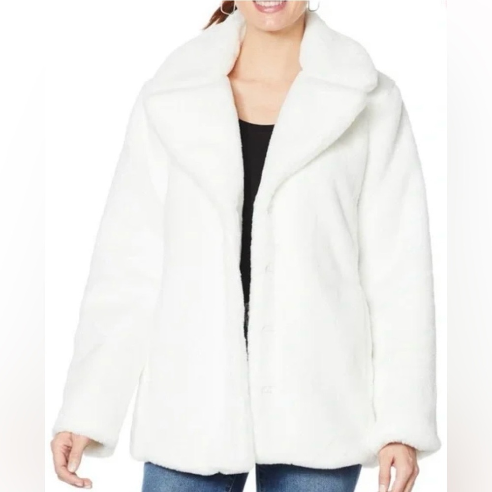 Avec Les Filles Faux Fur White Women's Coat with Star-Print Lining